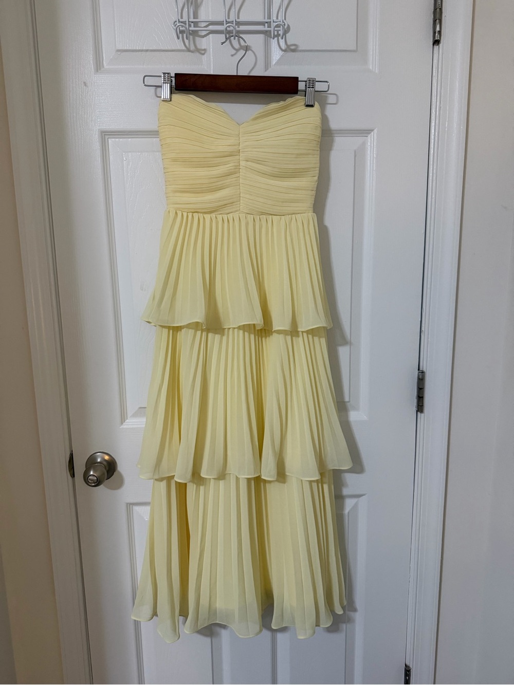 Lulu's Strapless Pale Yellow Tiered Pleated Gown